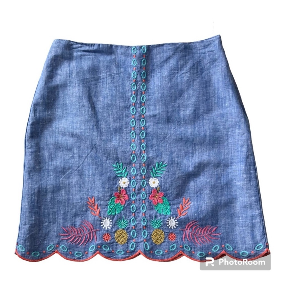 New Talbots Embroidered Linen Blend Chambray A-Line Skirt New With Tags 4P